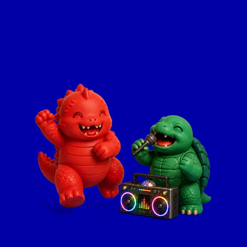 The kaiju dancing while a green kaiju sings into a microphone by a boombox