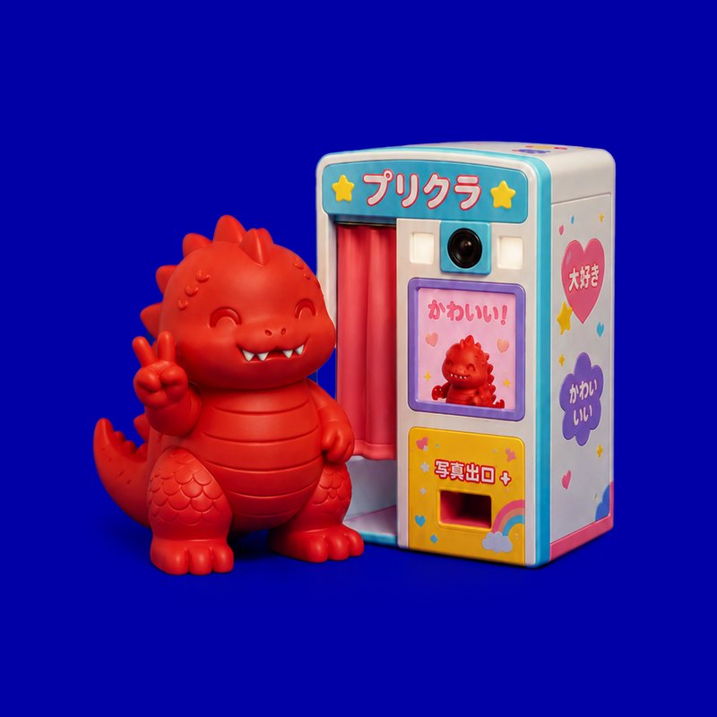 The red kaiju flashing a peace sign beside a purikura booth