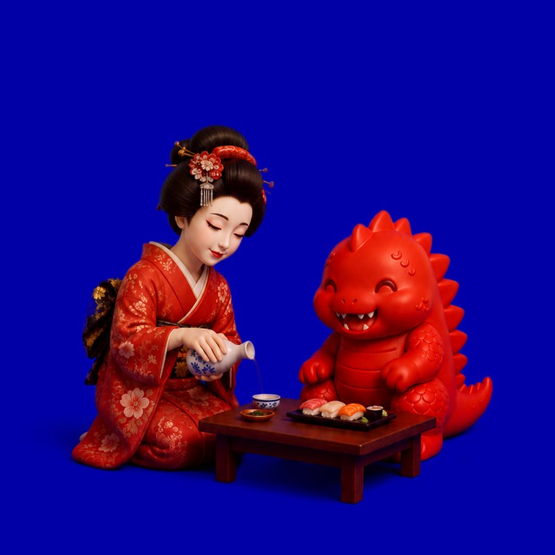 A host in kimono pouring sake for the kaiju over a table of sushi